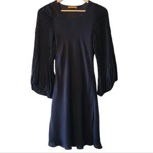 Alice + Olivia Pleated Silk Pleated Balloon Sleeve Mini Black Dress.